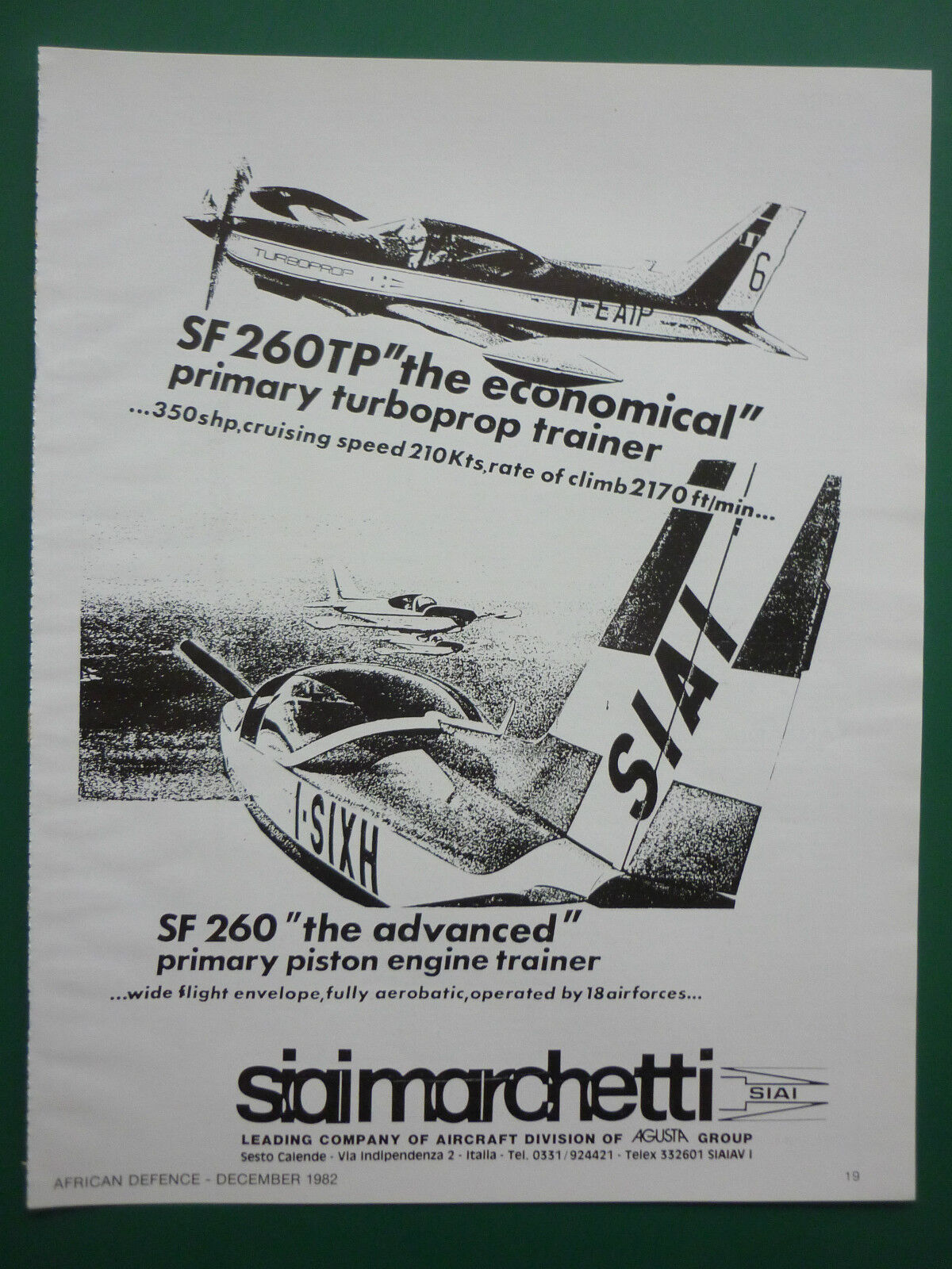 12/1982 PUB SIAI MARCHETTI SF 260TP SF 260 TRAINER AIRCRAFT ORIGINAL AD