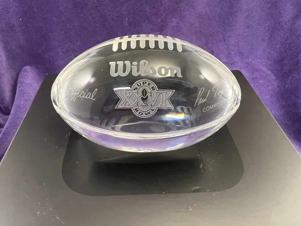 RARE Official NFL Super Bowl 26 Crystal Paperweight NFL Etched Date & Signature
