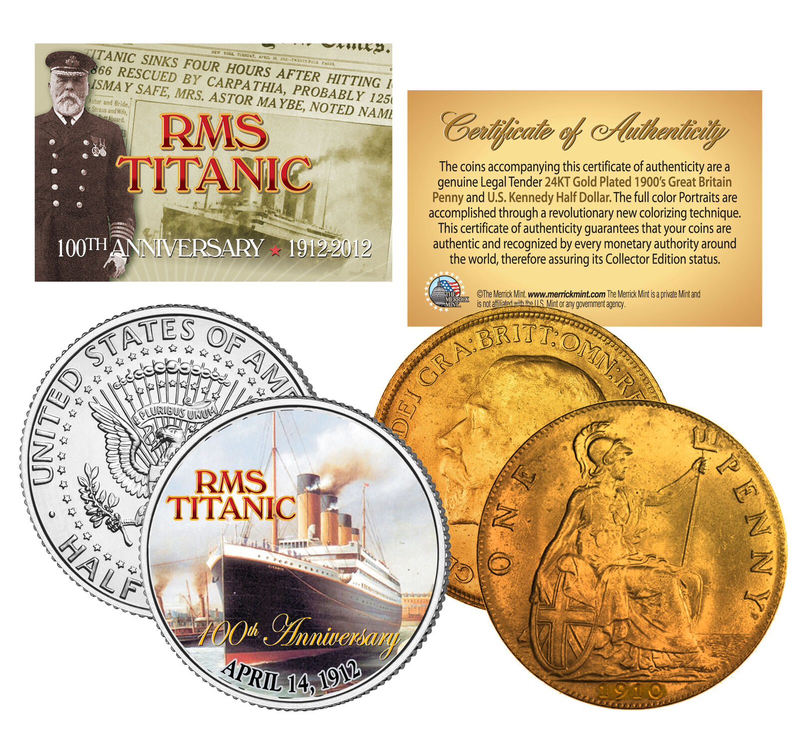 1900's Authentic TITANIC Great Britain *100th Anniversary* 2-Coin 24K UK/US Set