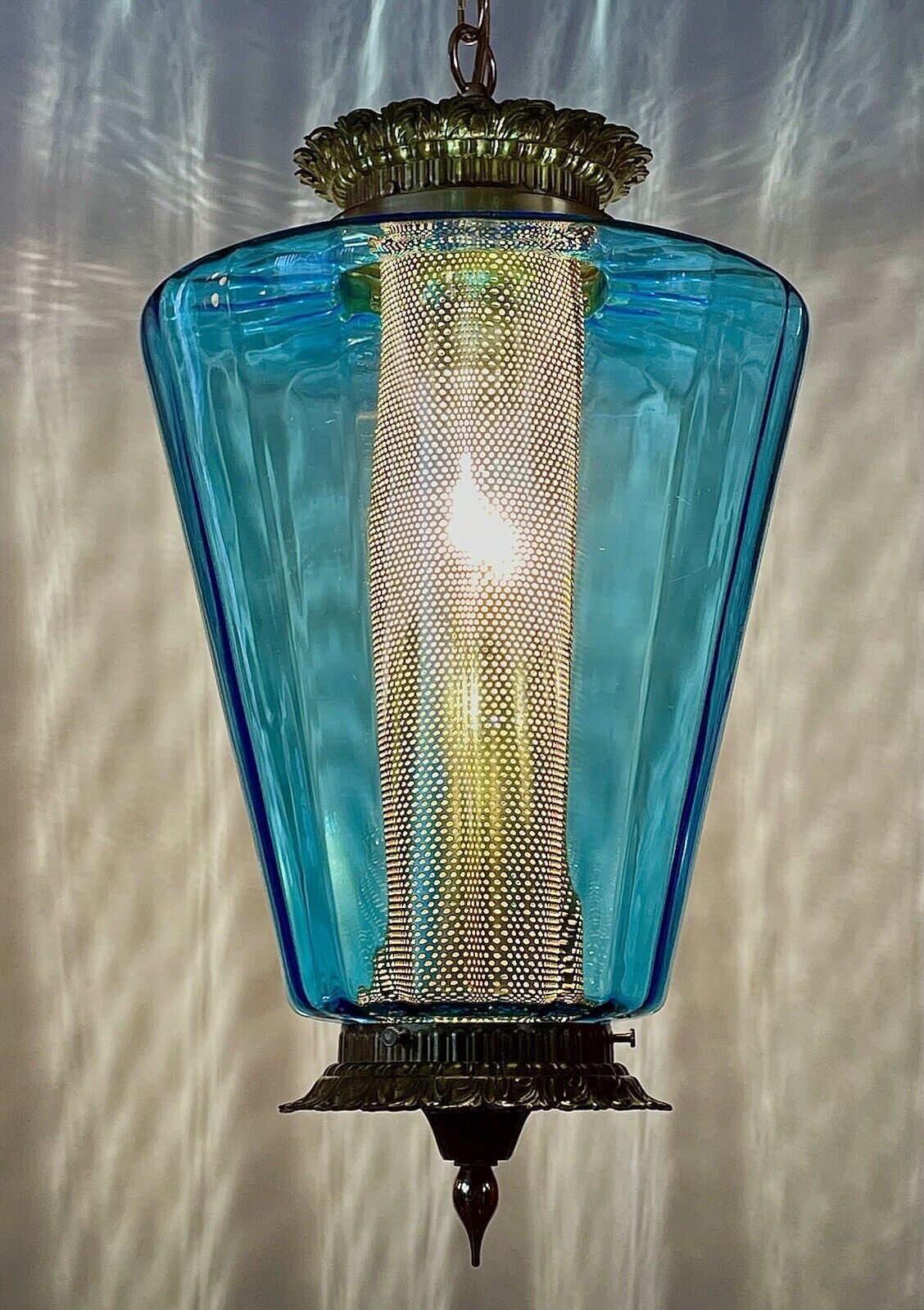 Vintage 1960's-70's Unique Retro Blue Glass Hanging Swag Light/Lamp