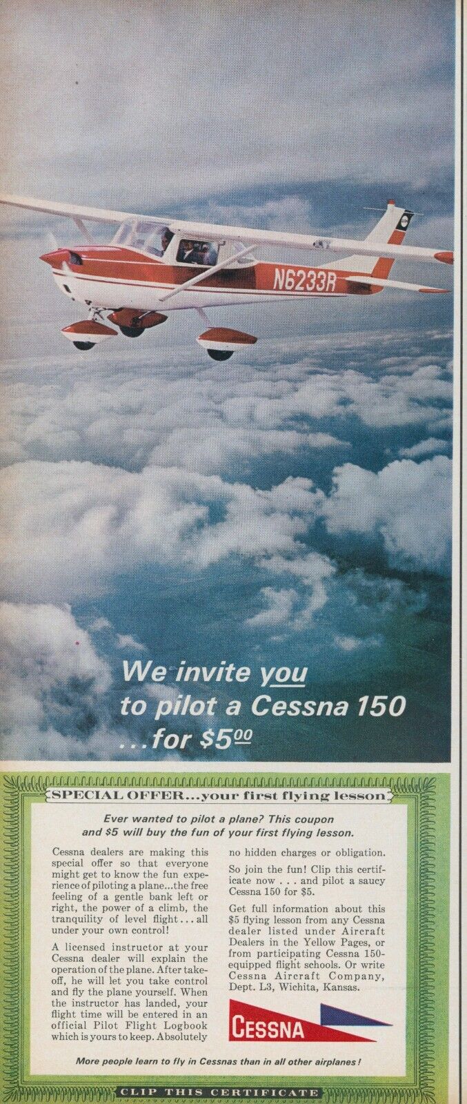 1966 Cessna Airplane Pilot Flying Lesson Aircraft Clouds Vintage Print Ad L8