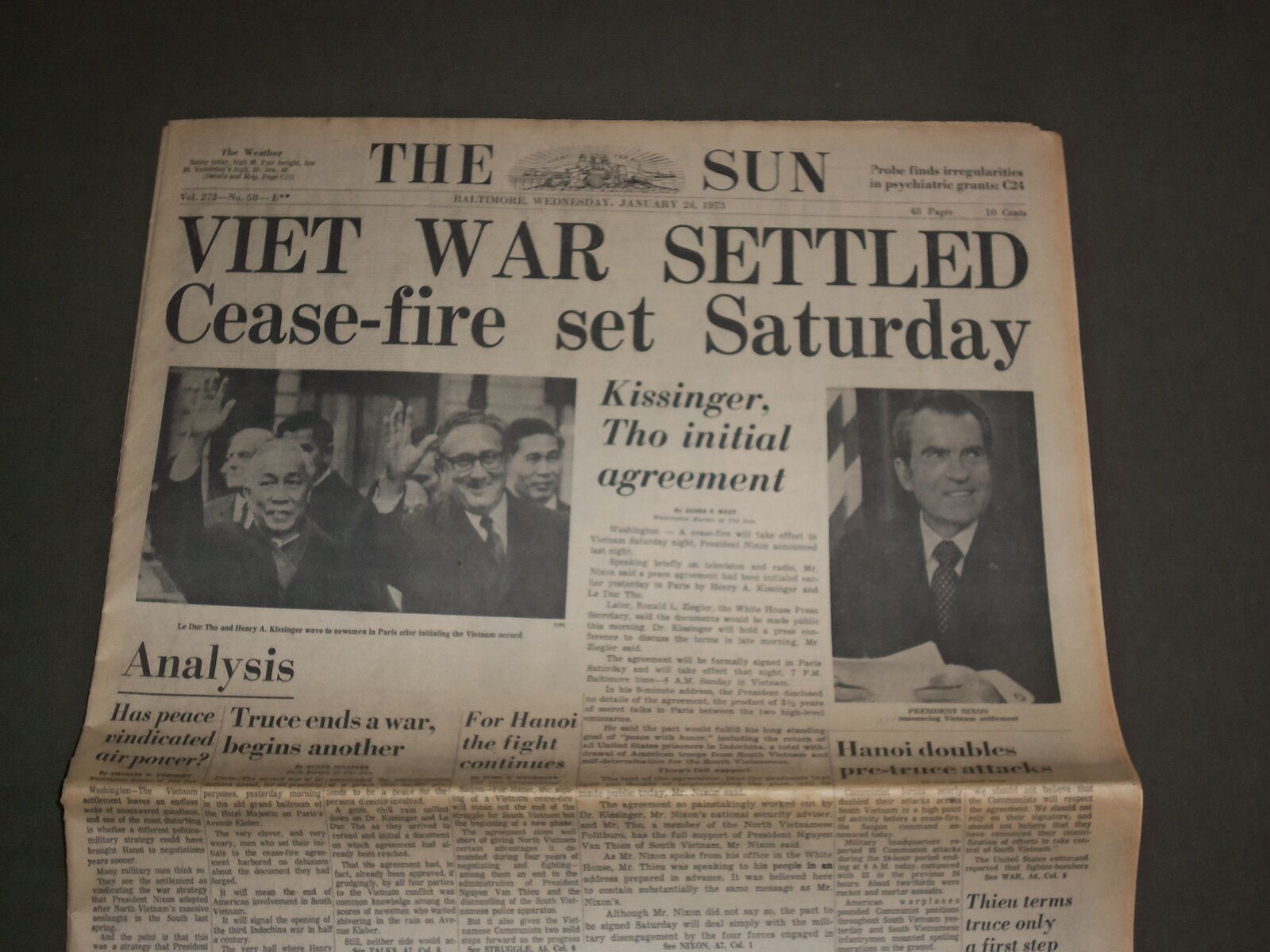 1973 JANUARY 24 THE BALTIMORE SUN - VIETNAM WAR SETTLED - CEASE FIRE - NP 2950