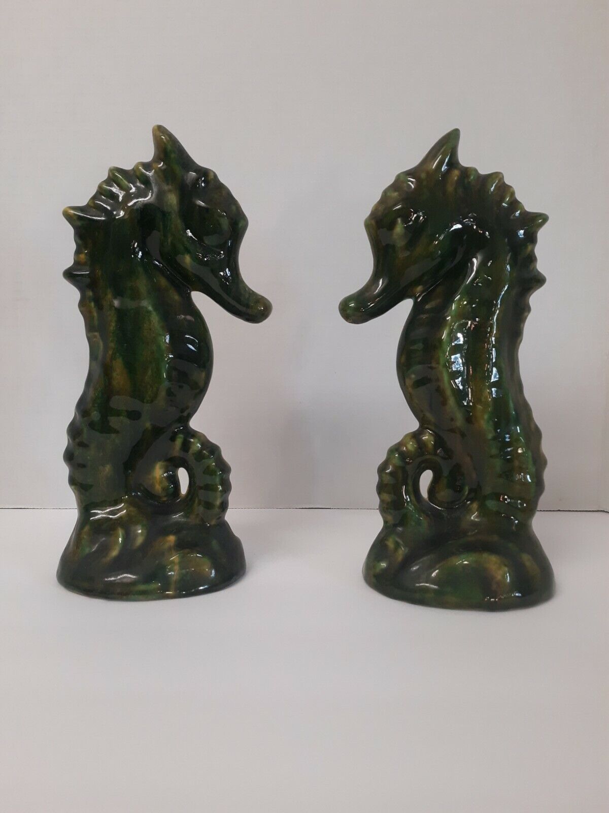 Set Of Vintage Green Glazed Ceramic Sea Horses 10.25in x 4.25in MCM