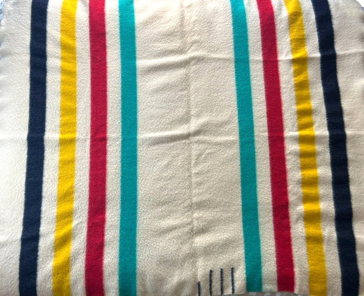Antique Hudson\'s Bay 3.5 Point Wool Beige Multicolor Stripe Blanket 73\