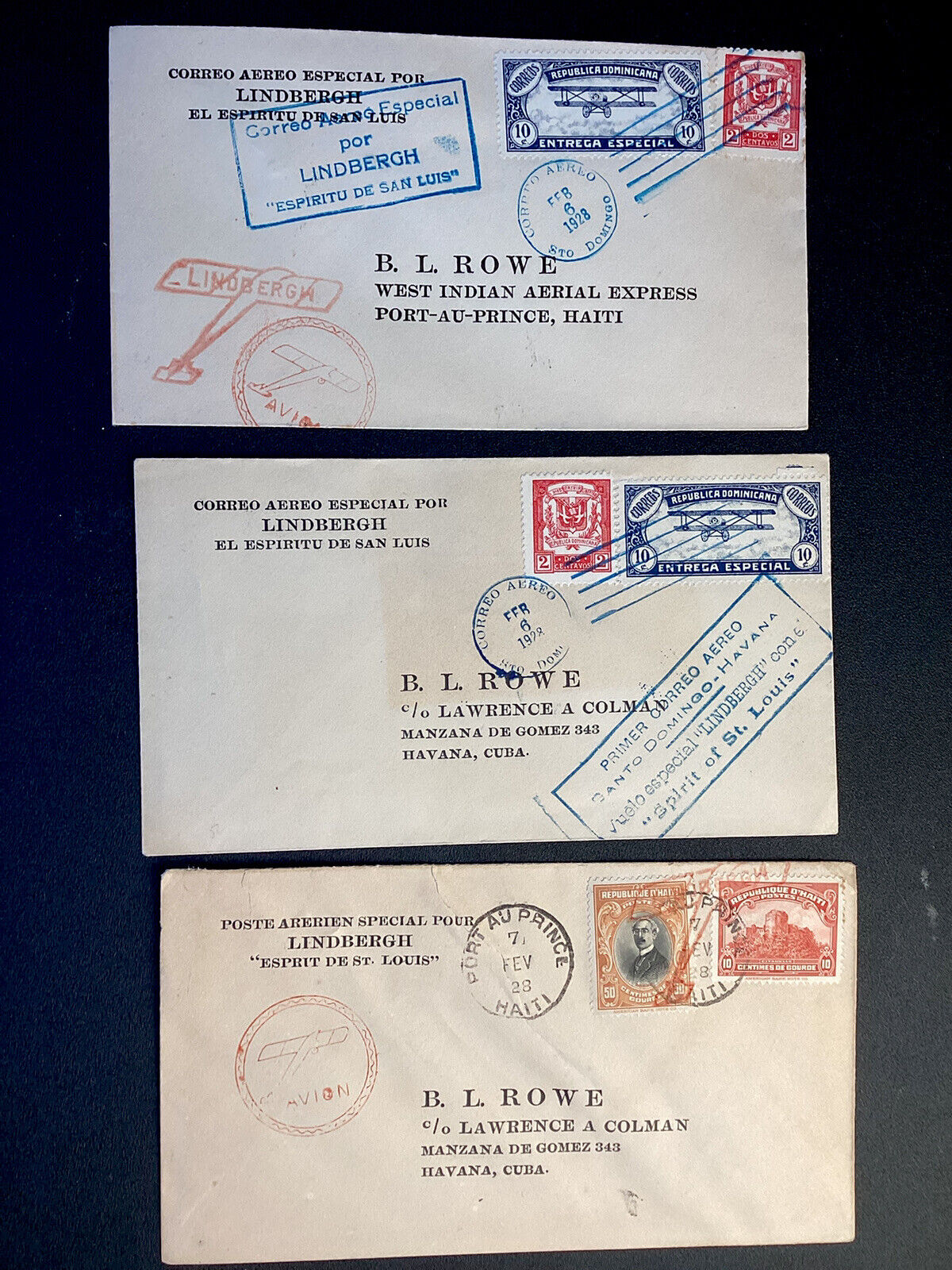 Lndbergh Flown ON THE SPIRIT of ST. LOUIS for WIA per AAMC 3 cover complete set