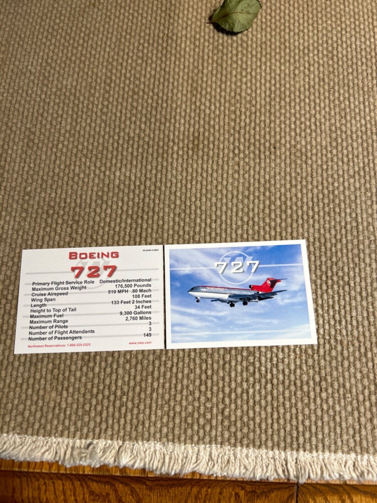 Northwest Airlines Boeing B-727 Information Card Pilot Premium 1980\'s