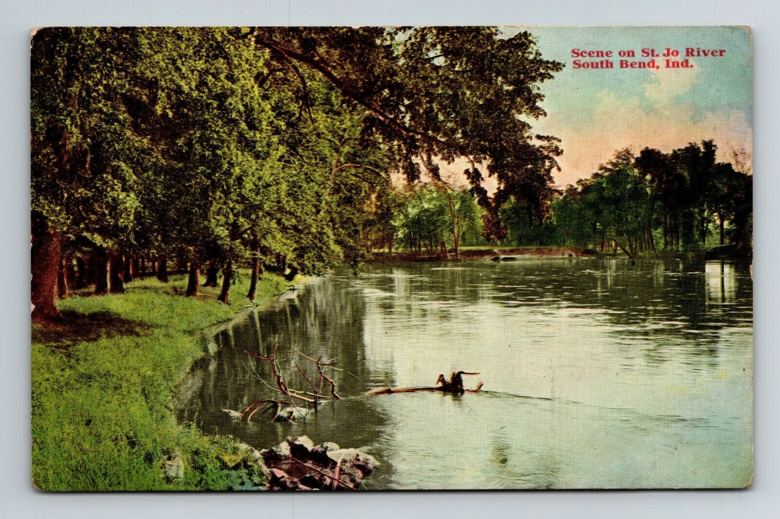 South Bend IN Indiana Scene On St Jo River Vintage Souvenir Postcard