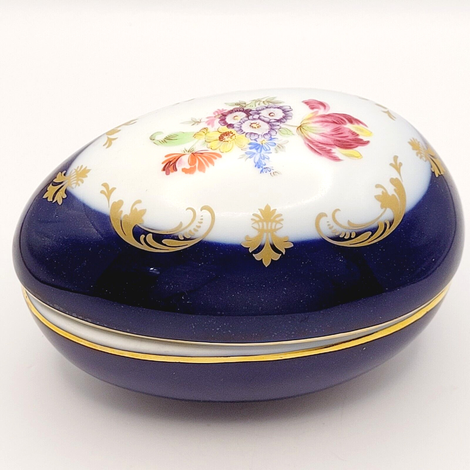 Cobalt Blue Floral Porcelain Egg with Floral Pattern & Gold Gilding KLM Germany