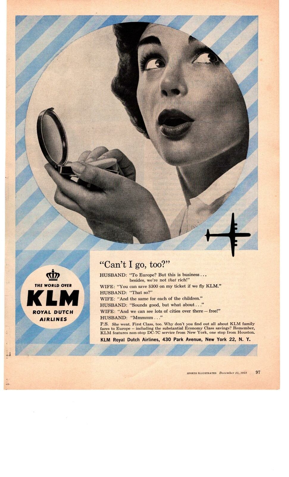 1958 KLM Royal Dutch Airlines Makeup Compact Douglas DC-7C Aircraft Print Ad