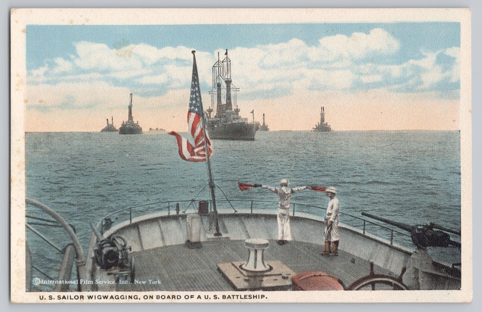 U. S. Sailor Wigwagging Battleship postcard Sailors Signaling 1920s/1930s USN