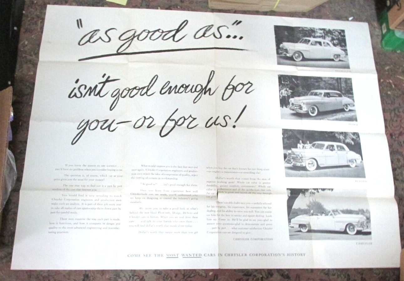 1950-52 CHRYSLER DEALER 50 x 38 inch Wall Poster, Dodge, Plymouth, DeSoto Autos