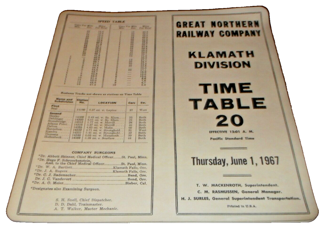 JUNE 1967 GREAT NORTHERN RAILWAY KLAMATH DIVISION EMPLOYEE TIMETABLE #20