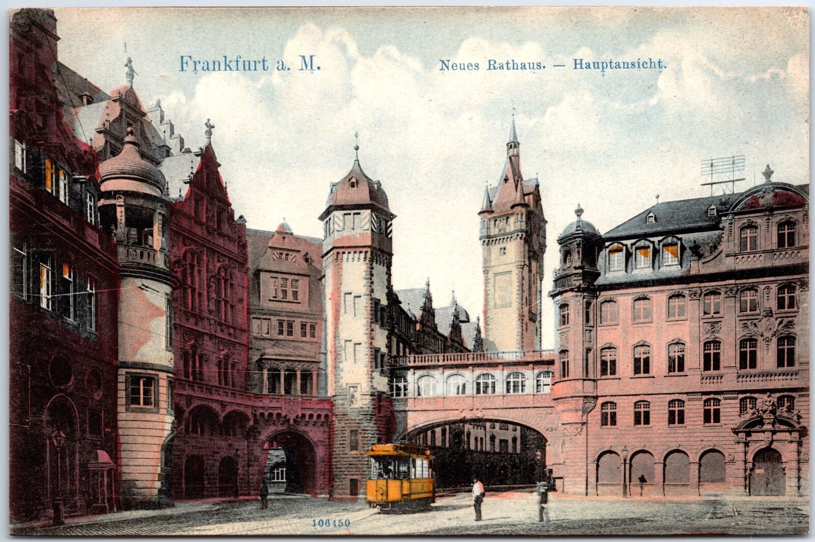 VINTAGE POSTCARD THE NEW CITY HALL AND TRAIN TROLLEY AT FRANKFURT GERMANY c.1910