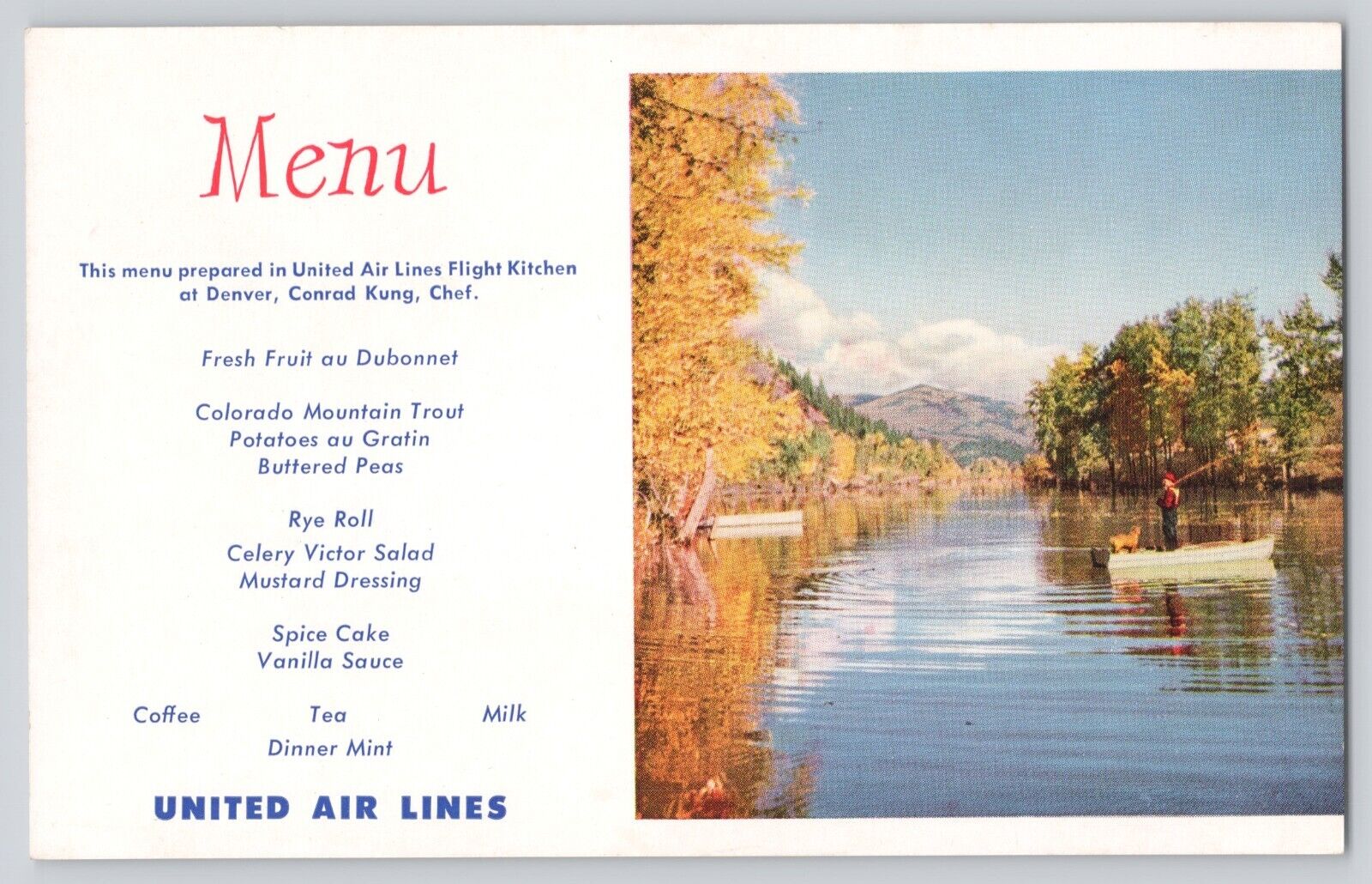 Postcard United Airlines Dinner Menu Denver Colorado Fishing Dog Boat Vintage