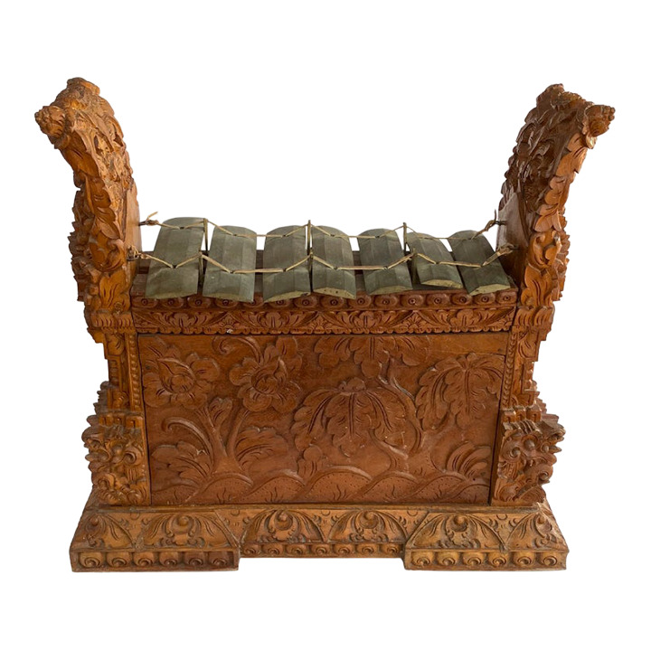 Vintage Indonesian Gangsa Wood Musical Instrument, 7 Bronze Bars