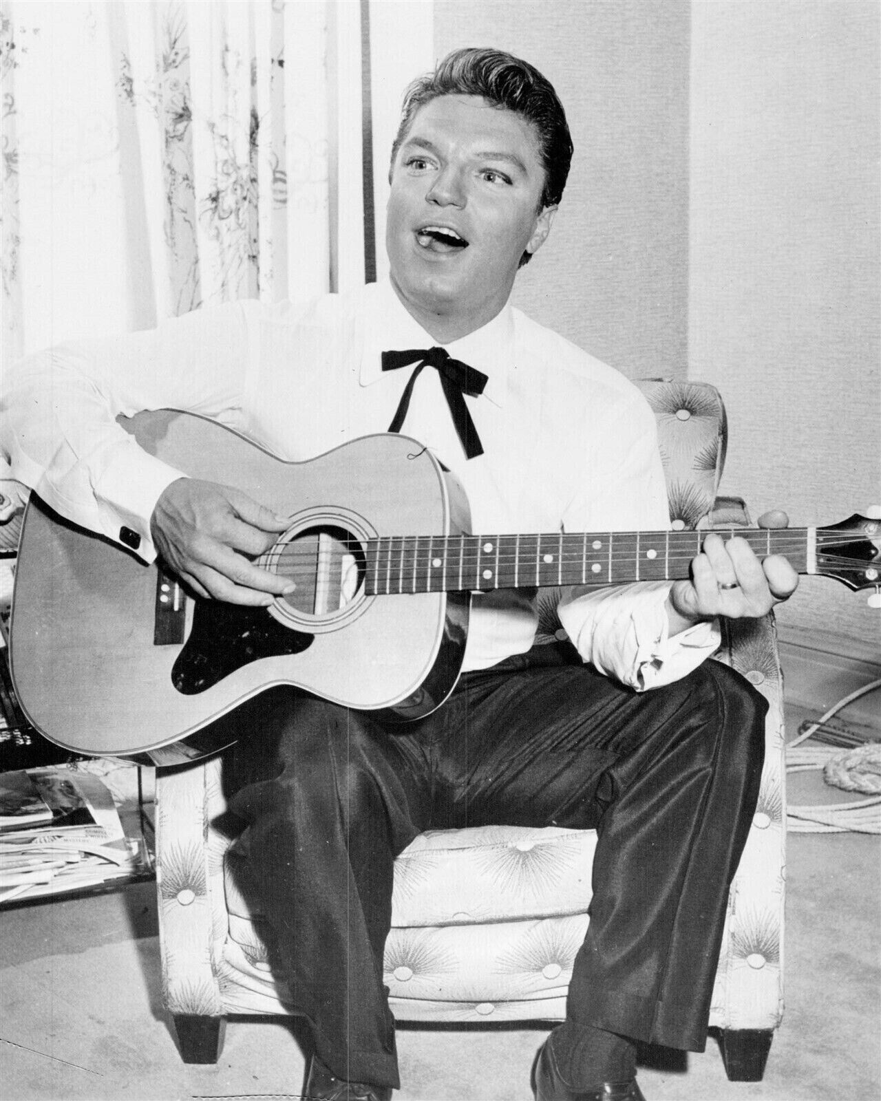 Guy Mitchell seated in western shirt playing guitar 1950\'s 5x7 photo