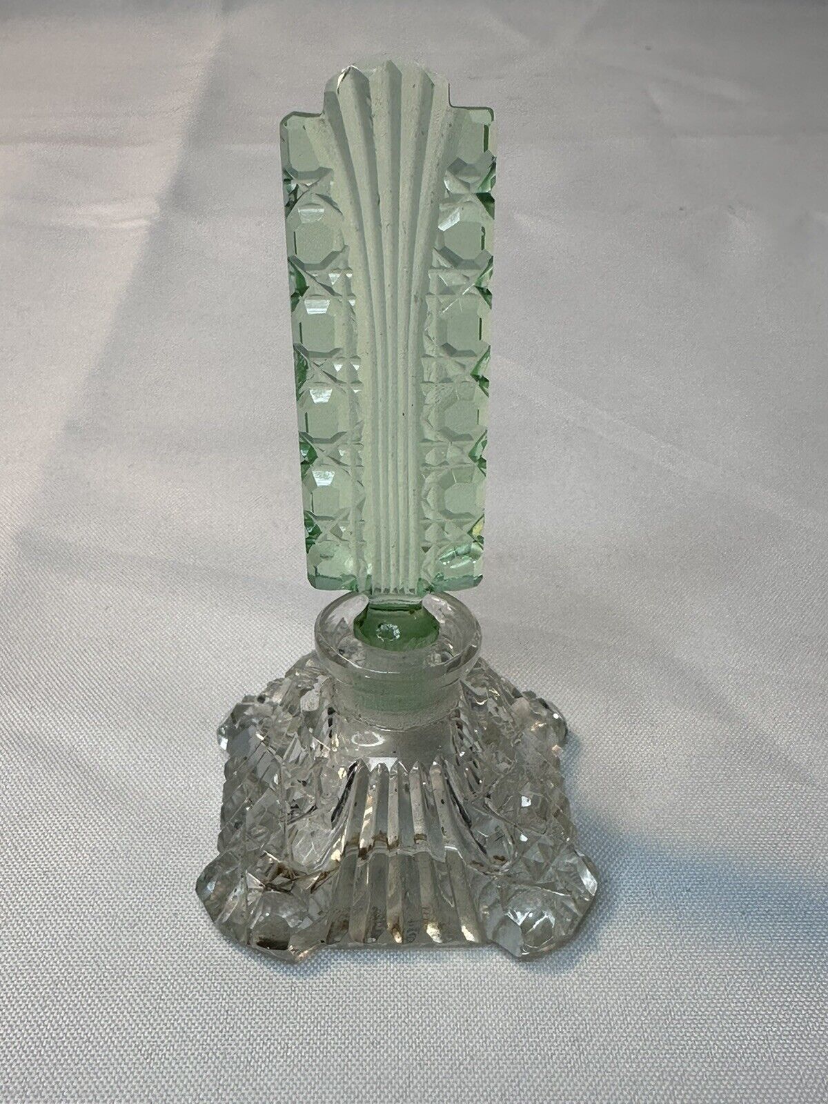 Vtg Czechoslovakia Cut Glass Perfume Uranium, Vaseline Glass, Dauber Art Deco
