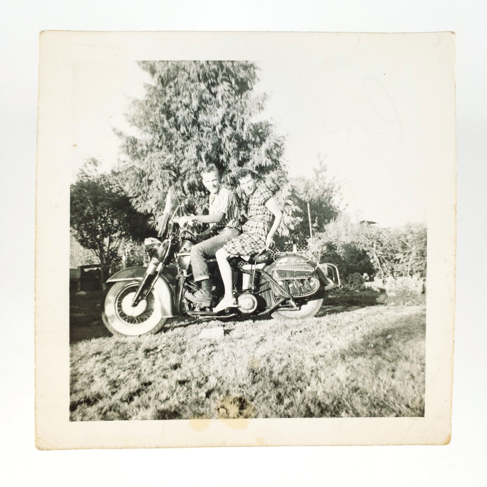 Mom & Son Riding Motorcycle Photo 1940s Biker Man Mother Tree Snapshot A4287