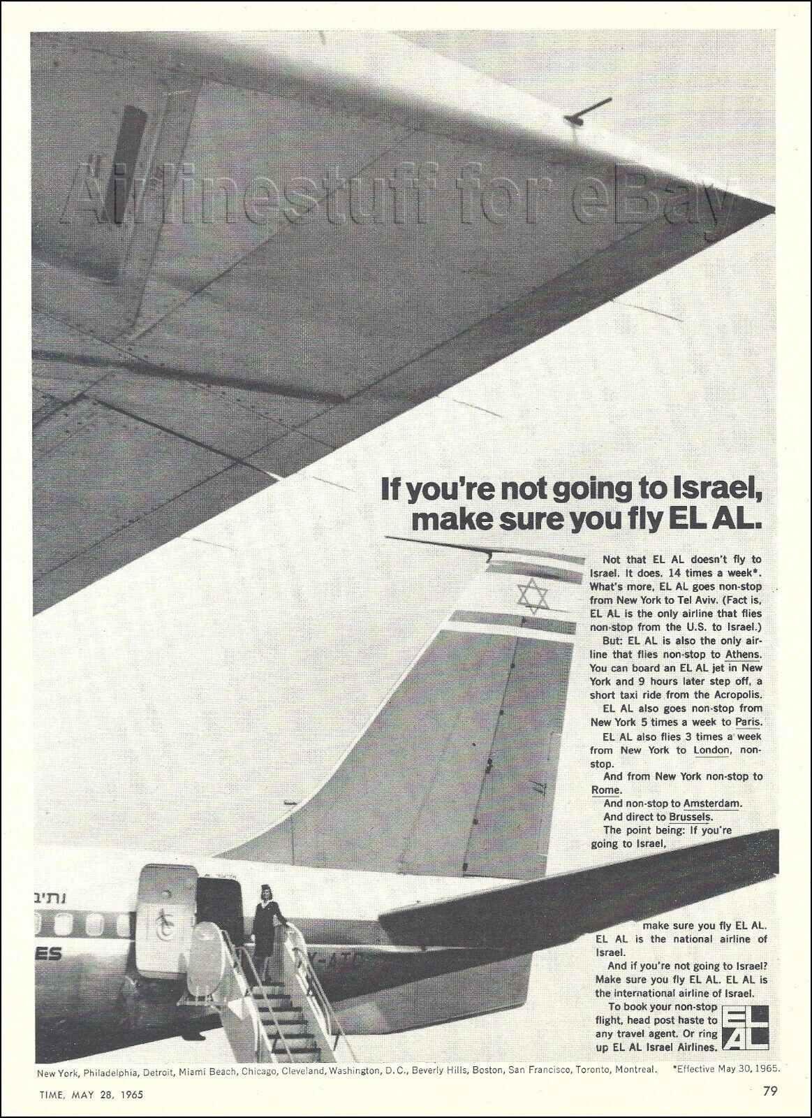 1965 EL AL ISRAEL Airlines BOEING 707-458 JETLINER ad reg 4X-ATC advert airways