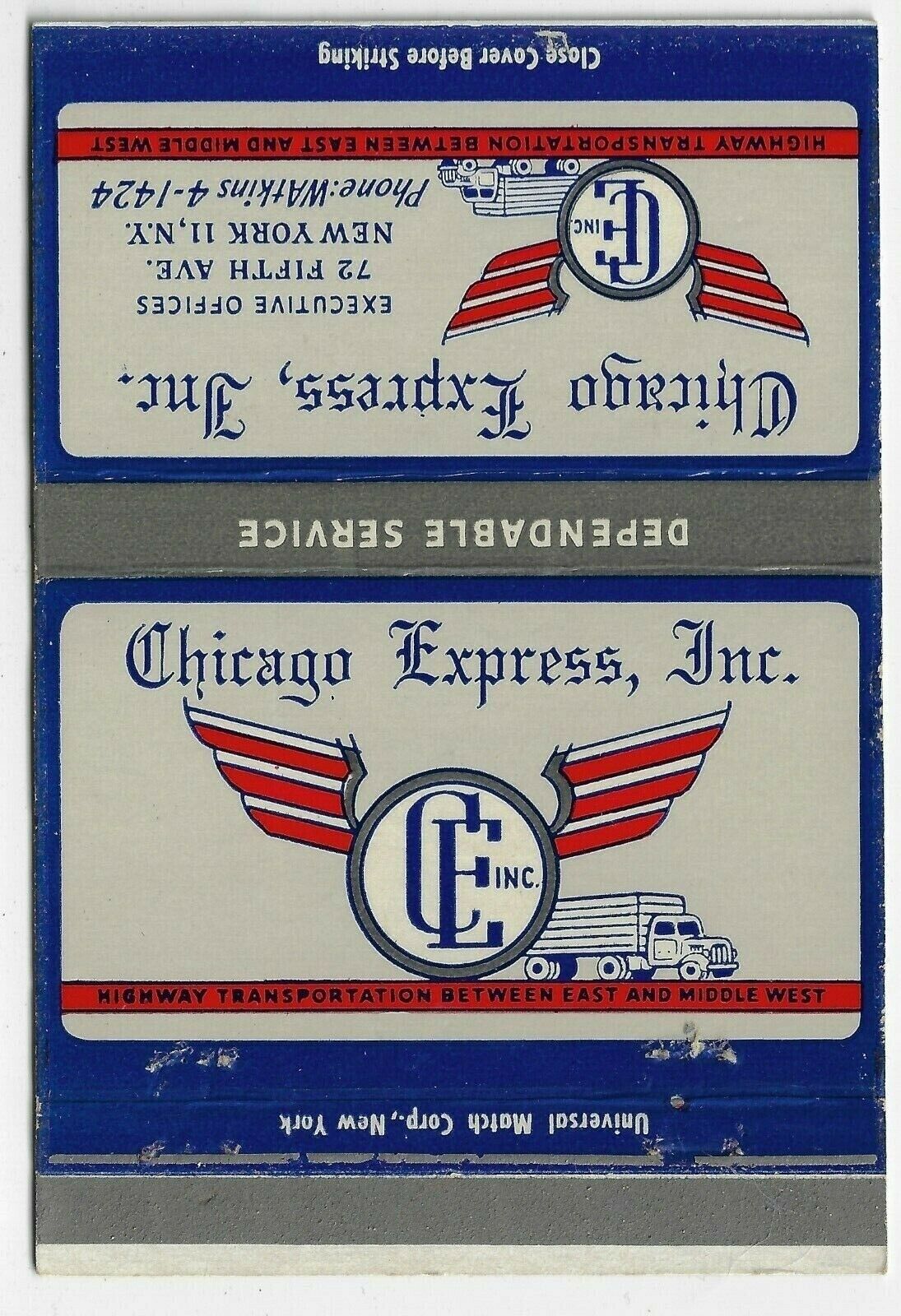 Chicago Express Inc. NYC Royal Flash Billboard FS 40S Empty Matchcover