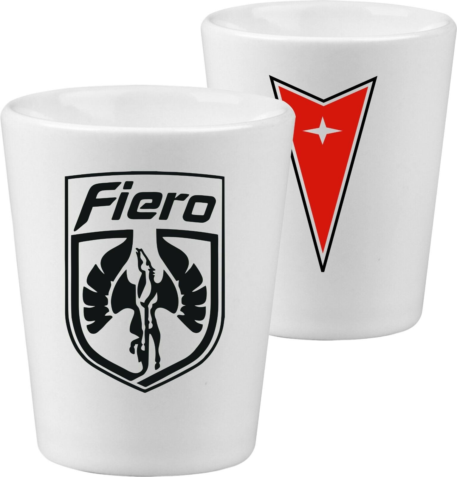 PONTIAC FIERO SHOT GLASS COLLECTION - NEW - 40% BIGGER GRAPHICS - MADE IN USA
