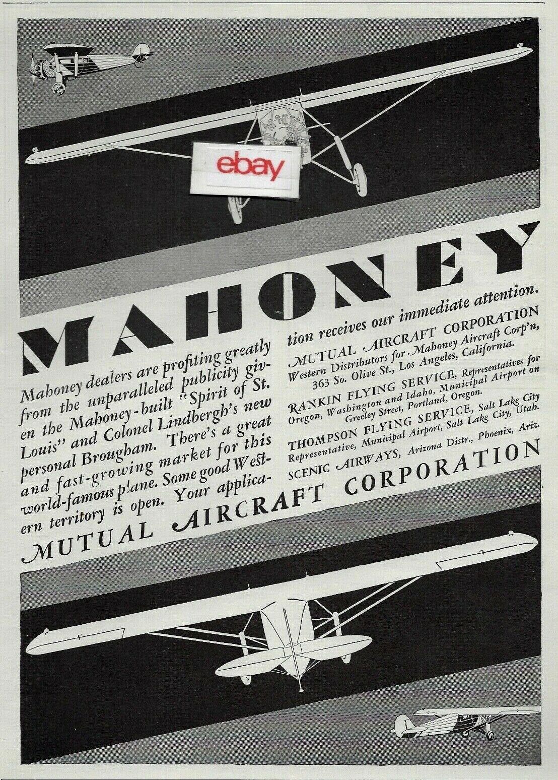 MUTUAL AIRCRAFT CORP LOS ANGELES MAHONEY SPIRIT OF ST LOUIS LINDBERGH 1928 AD