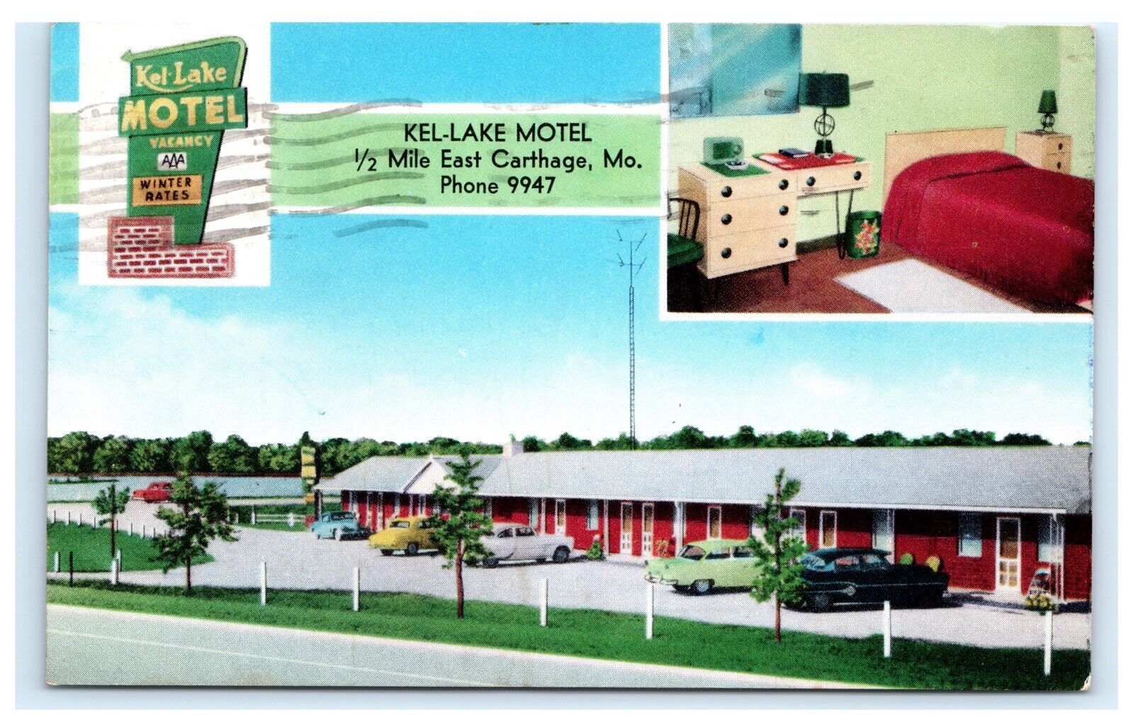 Kel-Lake Motel Route 66 Carthage MO Missouri 1957 Postcard B15