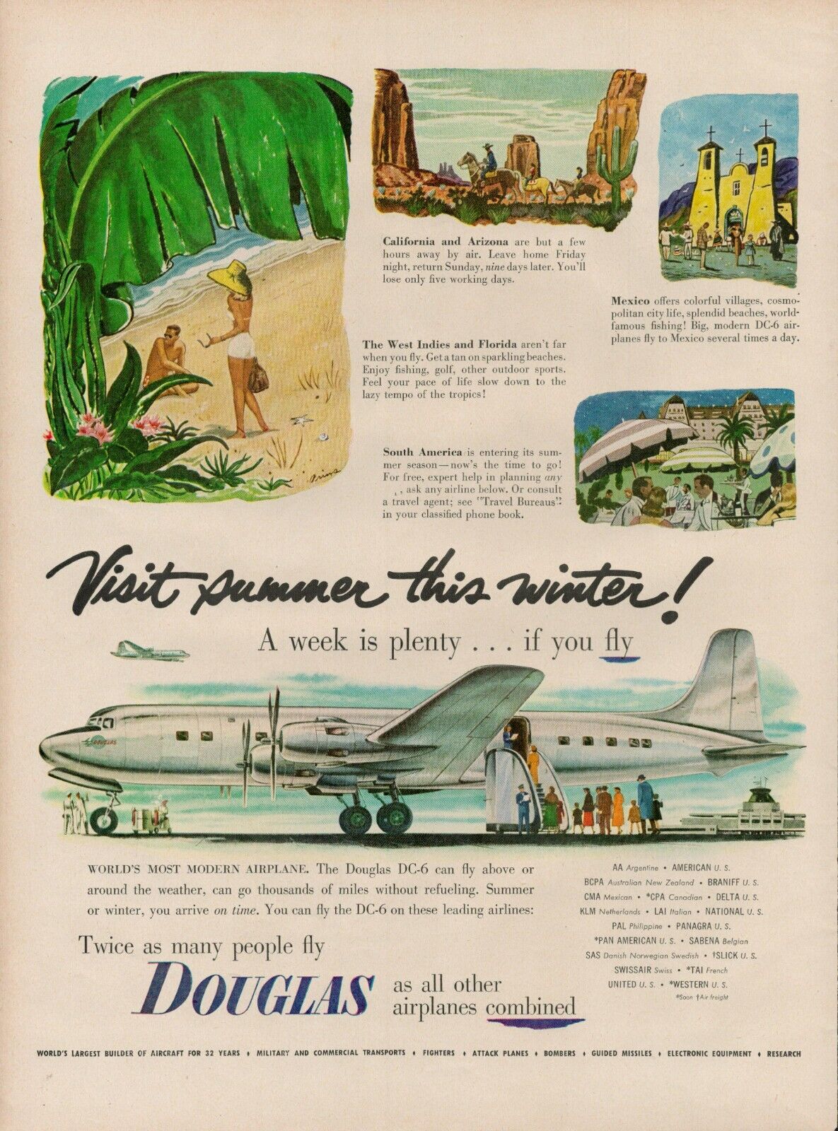 1951 Douglas Airplanes Airlines Planes Vintage Print Ad Summer Winter California