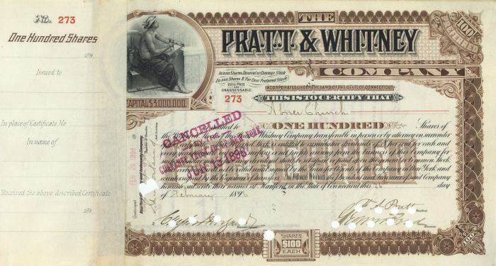 Pratt and Whitney Co. signed by F.A. Pratt as president - Autographed Stocks & B