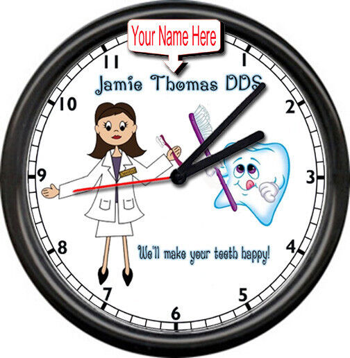 Personalized Your Name Female Dentist Happy Tooth Teeth Gift DDS Sign Wall Clock