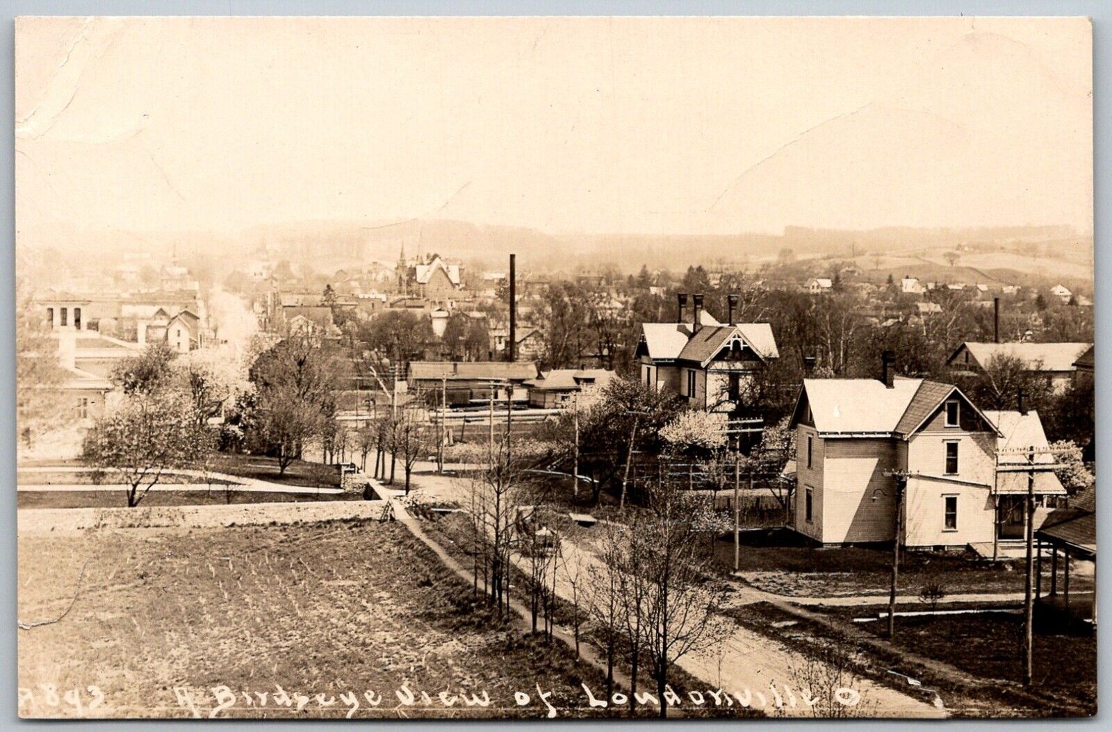Loudonville Ohio c1910 RPPC Real Photo Postcard Aerial View w/ Houses Dirt Road