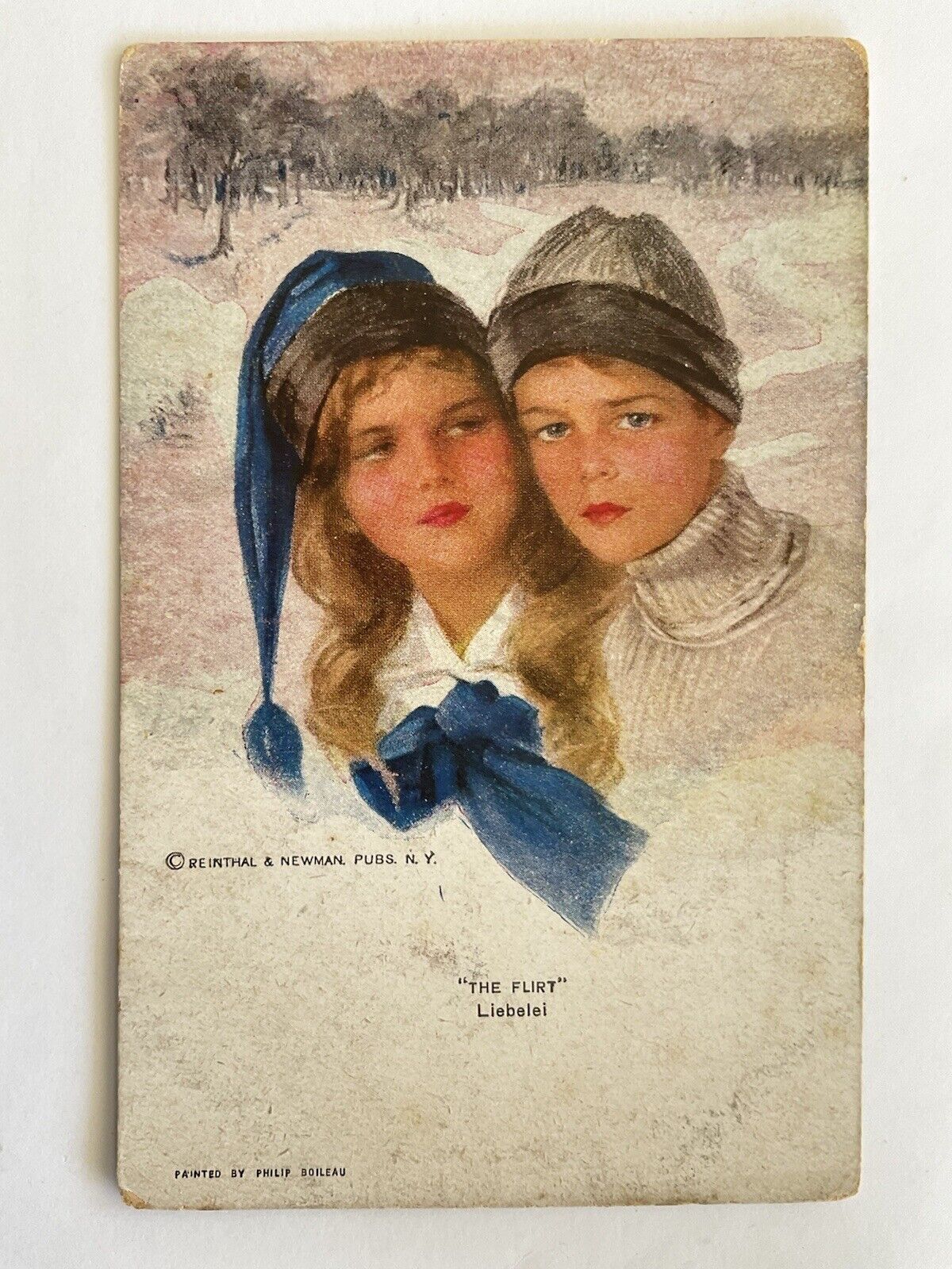 Romance~artist Philip Boileau~Flirt~Liebelei~boy~girl~children~caps~snow~R&N 759