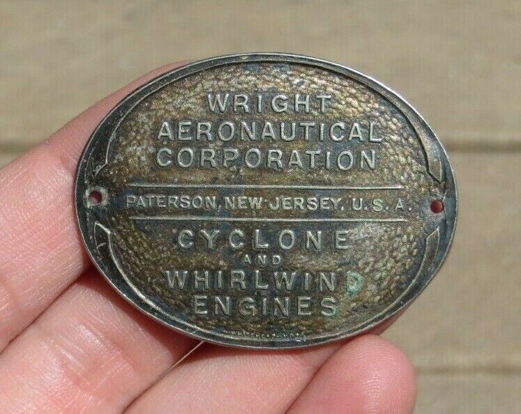 Wright Aeronautical Cyclone Whirlwind Manufacturer Badge Identification Plate