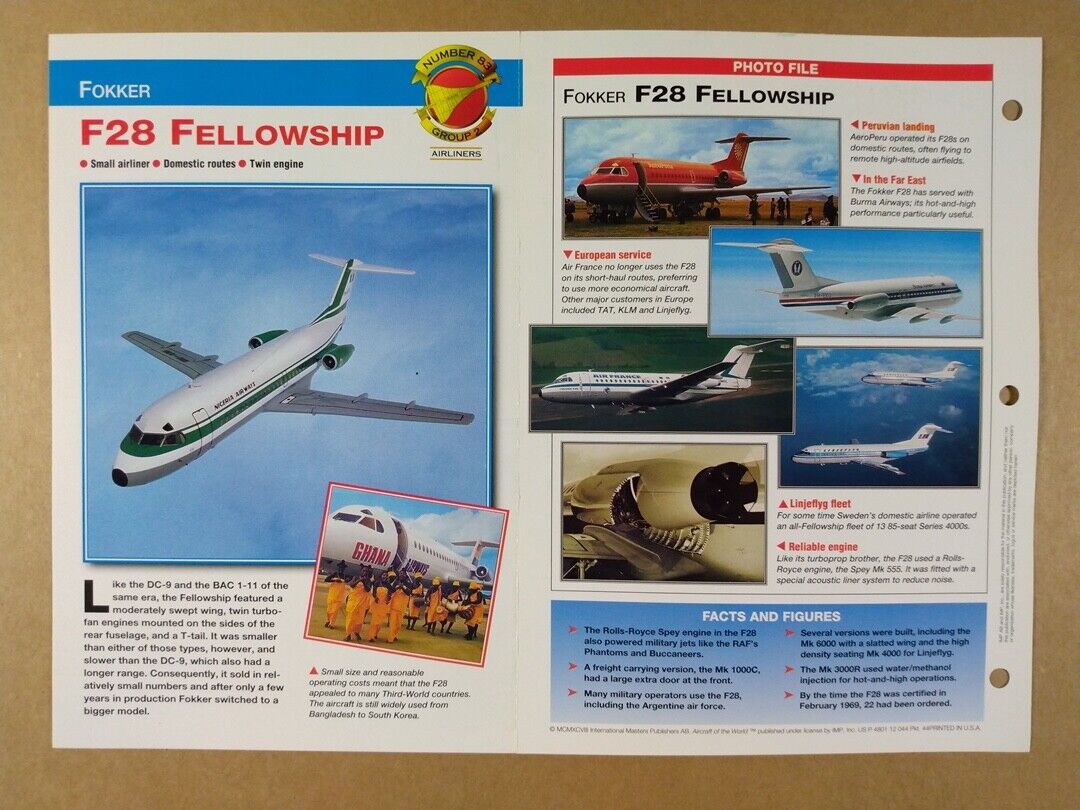 FOKKER F-28 Fellowship Airliner specs photos 1997 info sheet