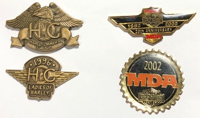 4 Harley Davidson Pins,HOG 1983 pin,1996 Ladies of Harley, 2000 & 2002 MDA Pins