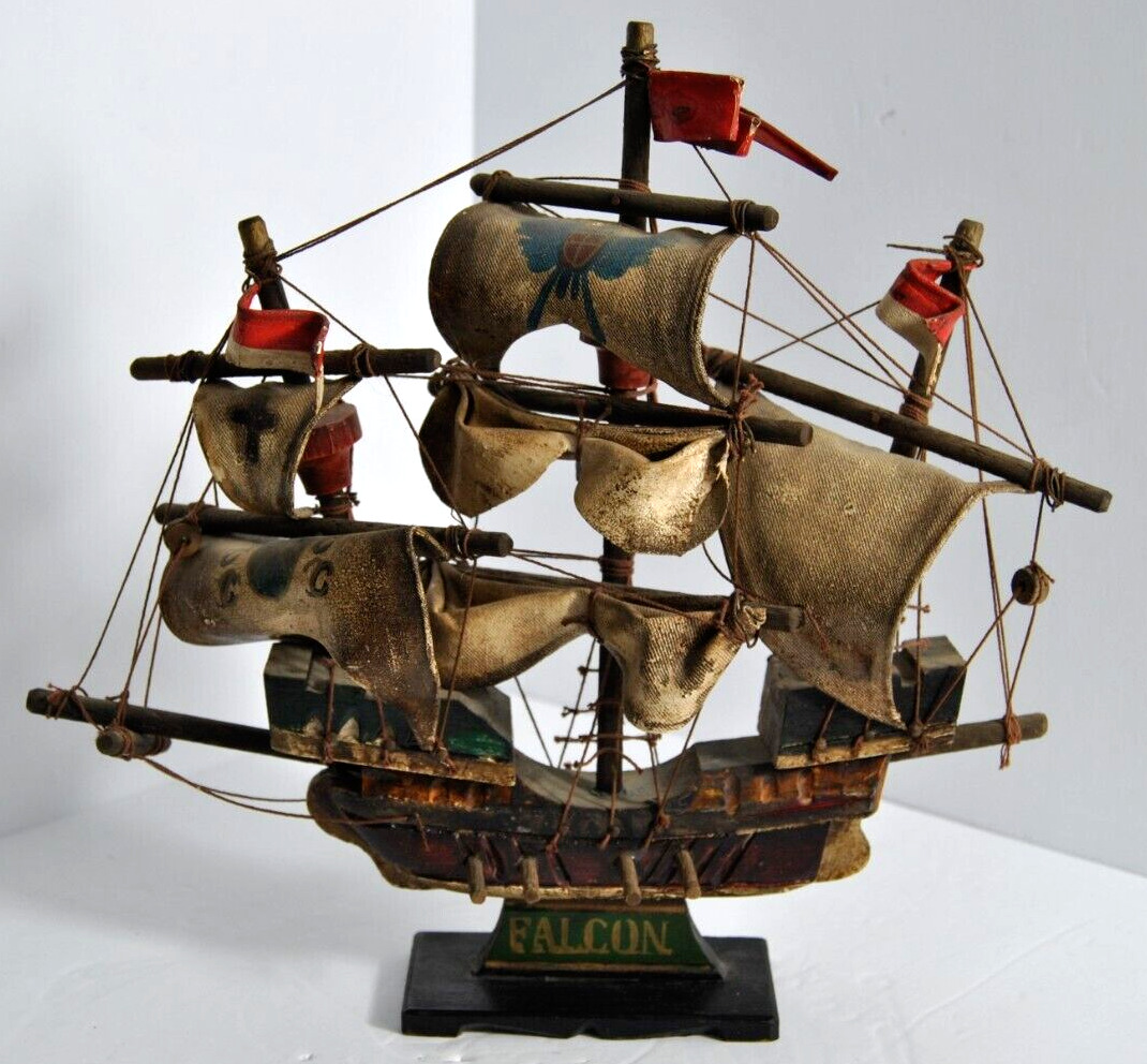 Vintage Hand Crafted FALCON Pirate Ship model on Stand Display Deco OOAK