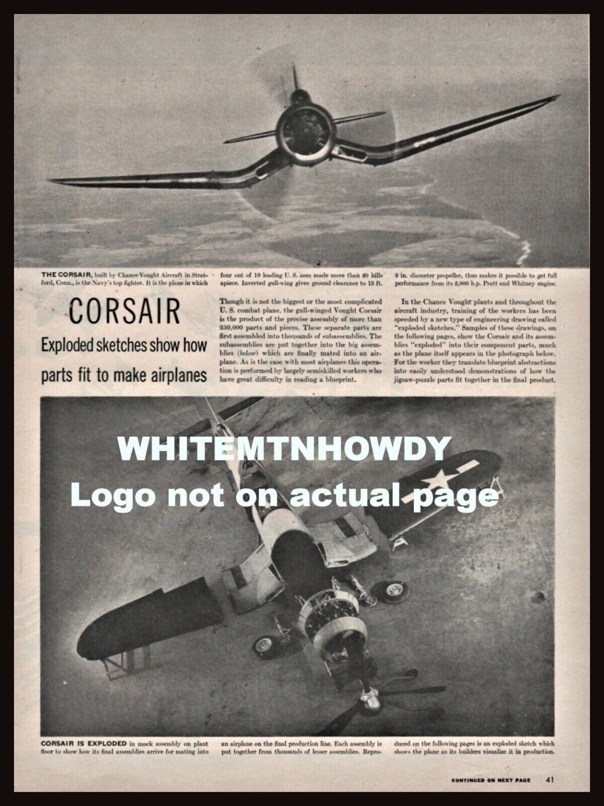 1944 WWII CHANCE VOUGHT CORSAIR F4U 5-page Article Exploded View Drawings