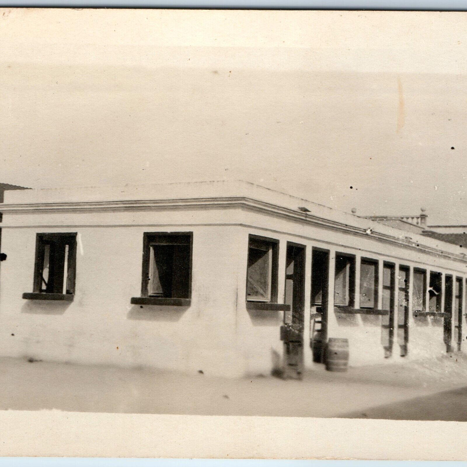 c1910s Mexico? Building RPPC White Facade Plaza Real Photo PC Barrel Store A130
