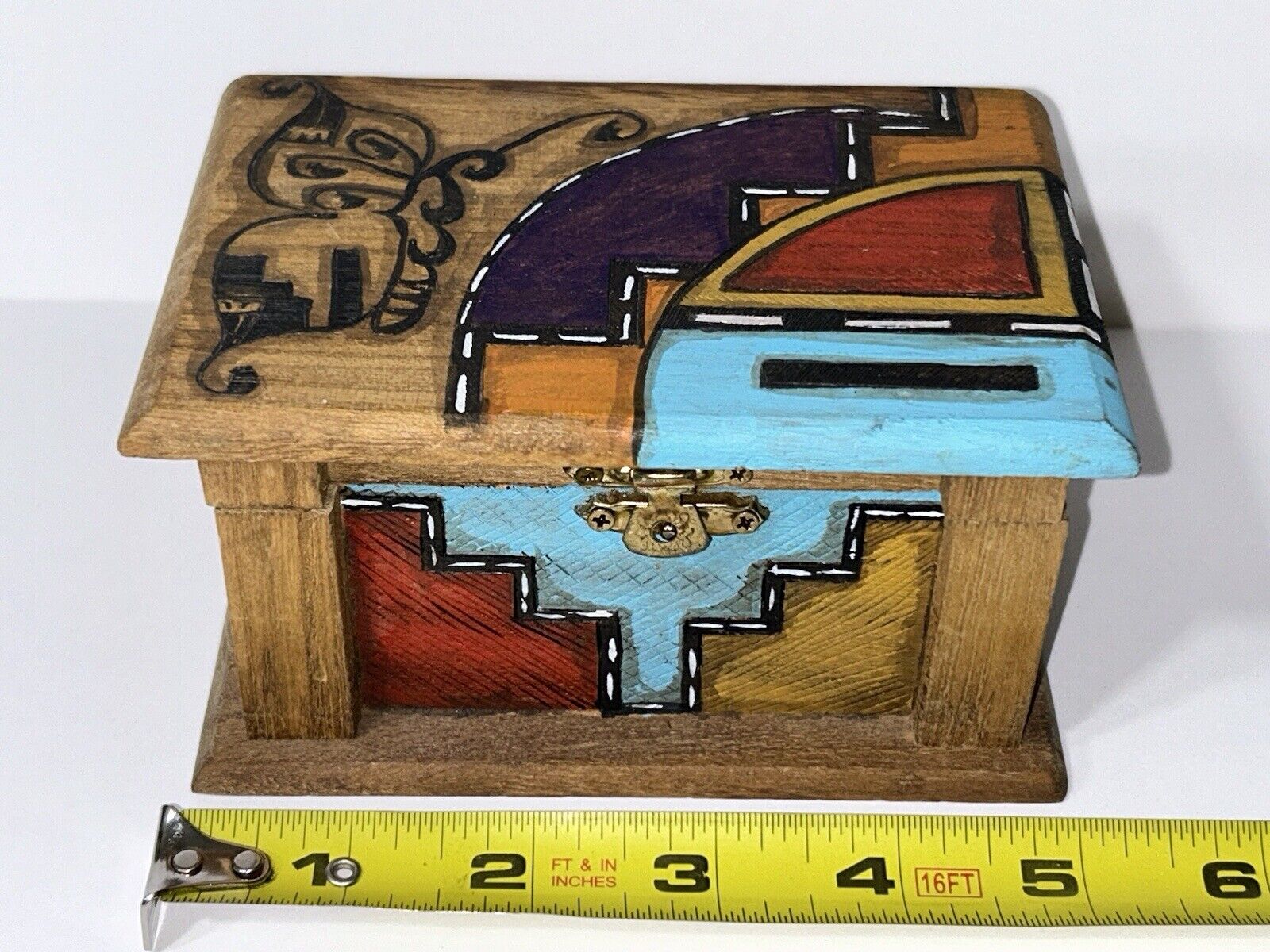 Folk Art Hand Painted Wooden Trinket Box Artist Signed 5” x 3.5” x 2.75”