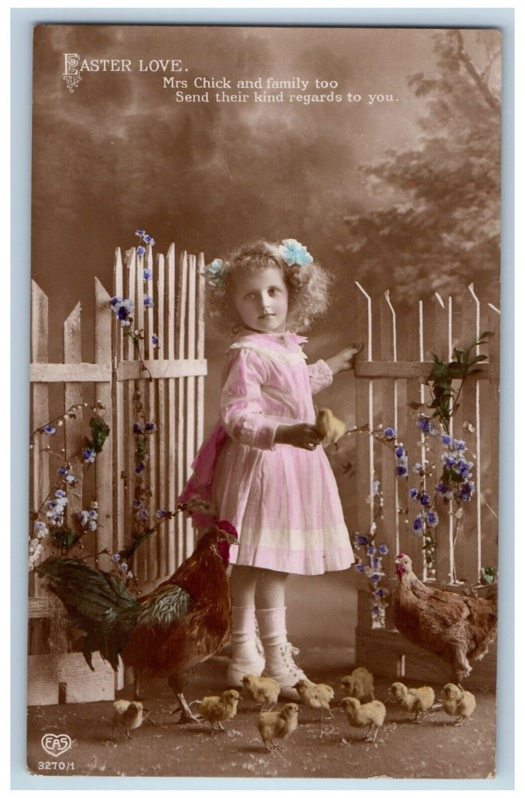 c1910\'s Easter Girl Dress Rooster Chicken Hen Chicks EAS RPPC Photo Postcard