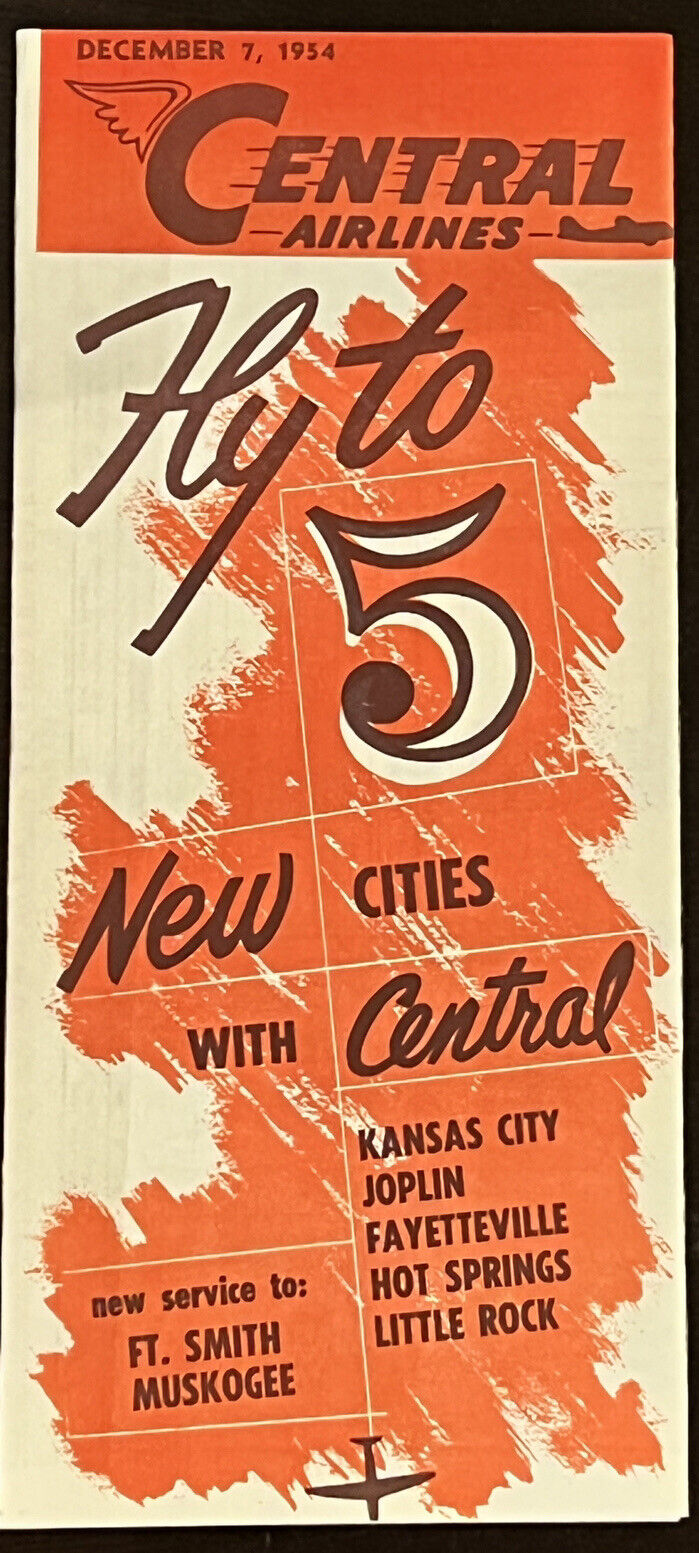 1954 CENTRAL AIRLINES BROCHURE RED FLY TO 5 NEW CITIES WITH CENTRAL