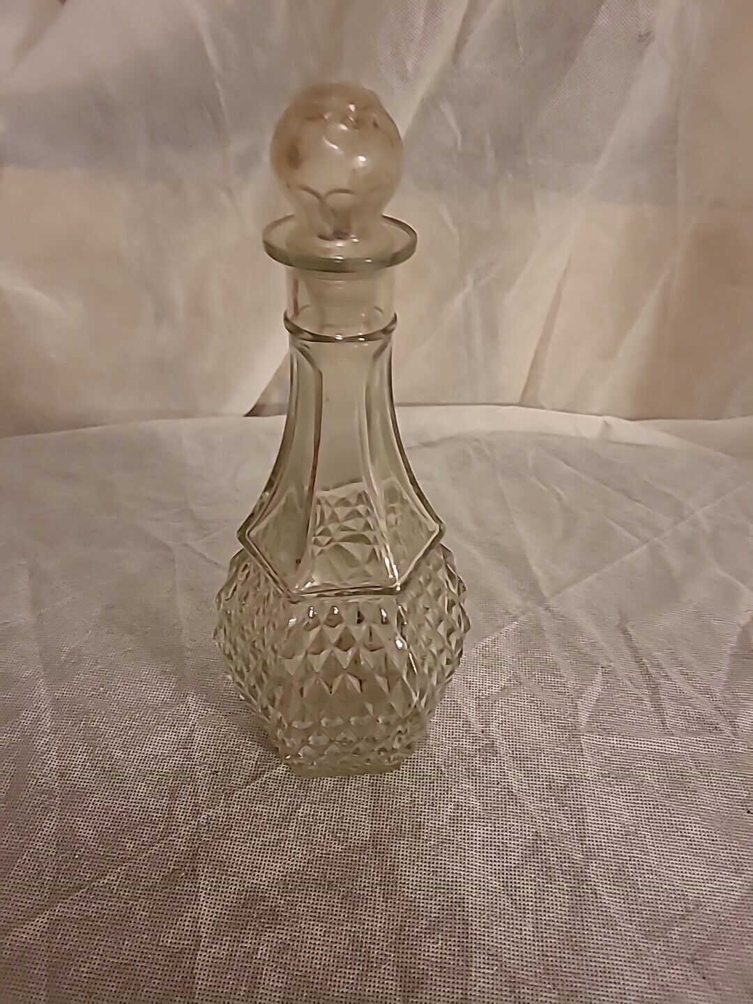 Vintage Glass Decanter Studded Cut Diamond Clear Liquor Bottle with Stopper 