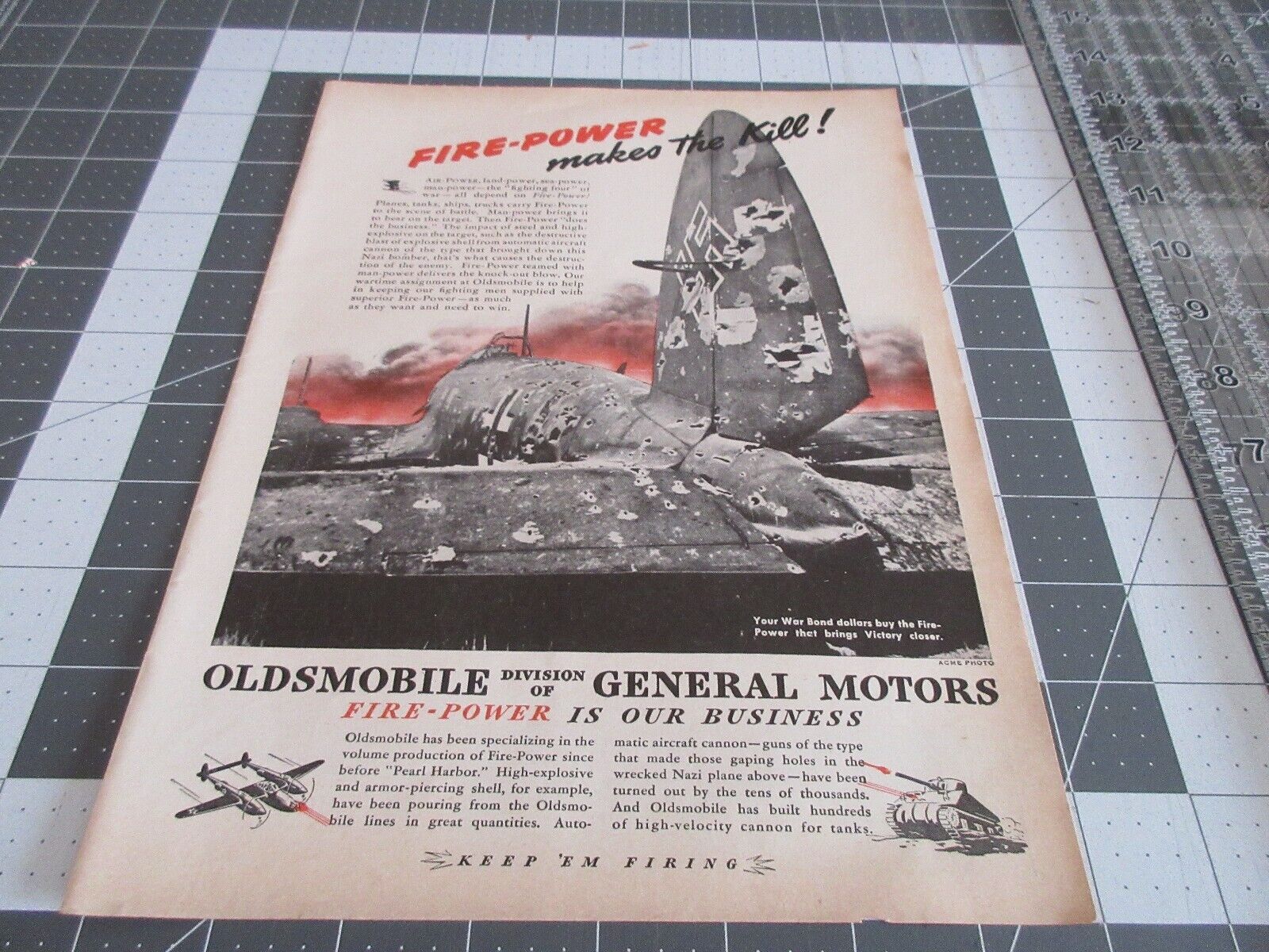1943 Oldsmobile General Motors WWII Fire Power, Vintage Print Ad