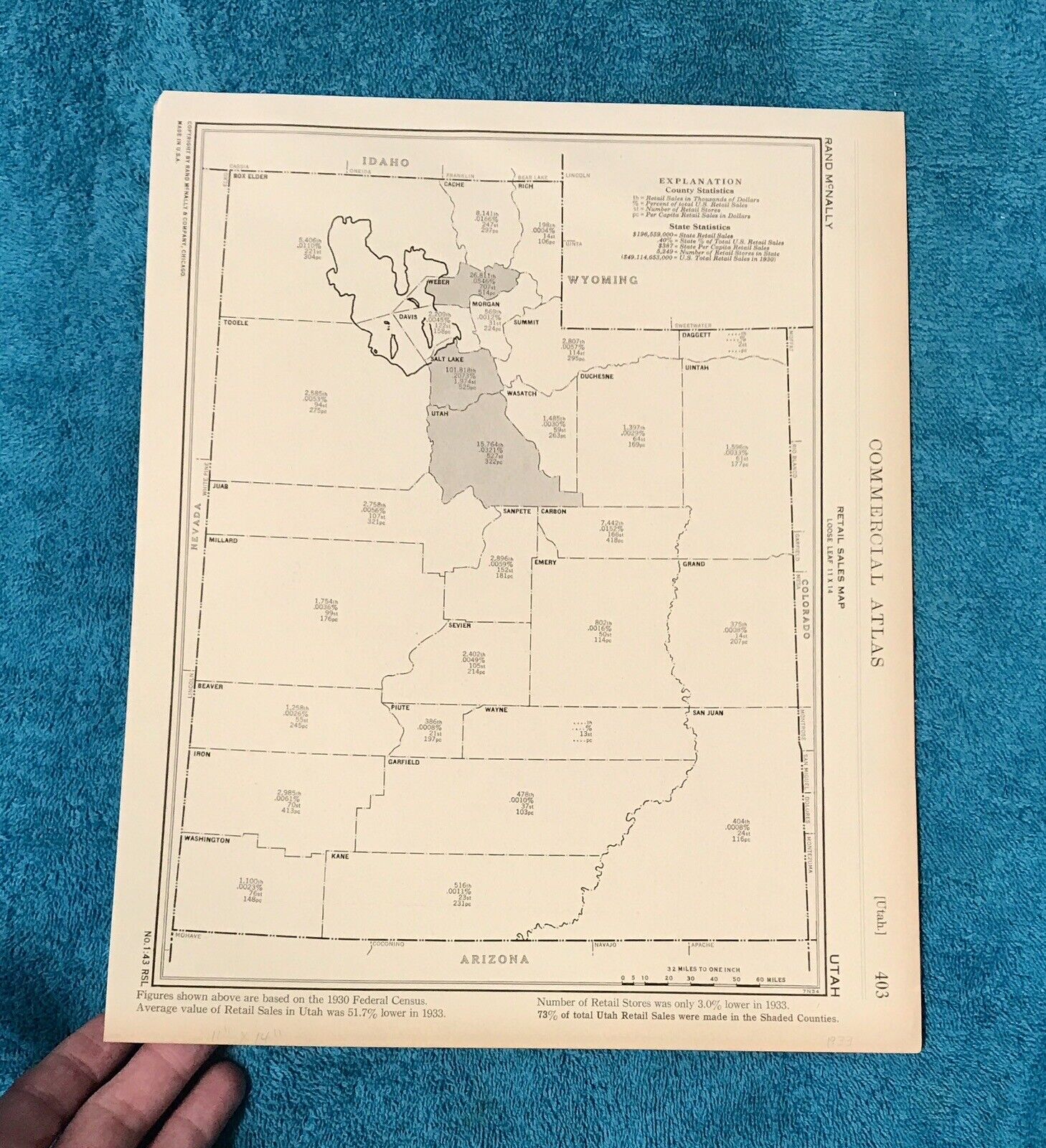 1933 UTAH Retails Sales In Each County Map, Commercial Business Atlas
