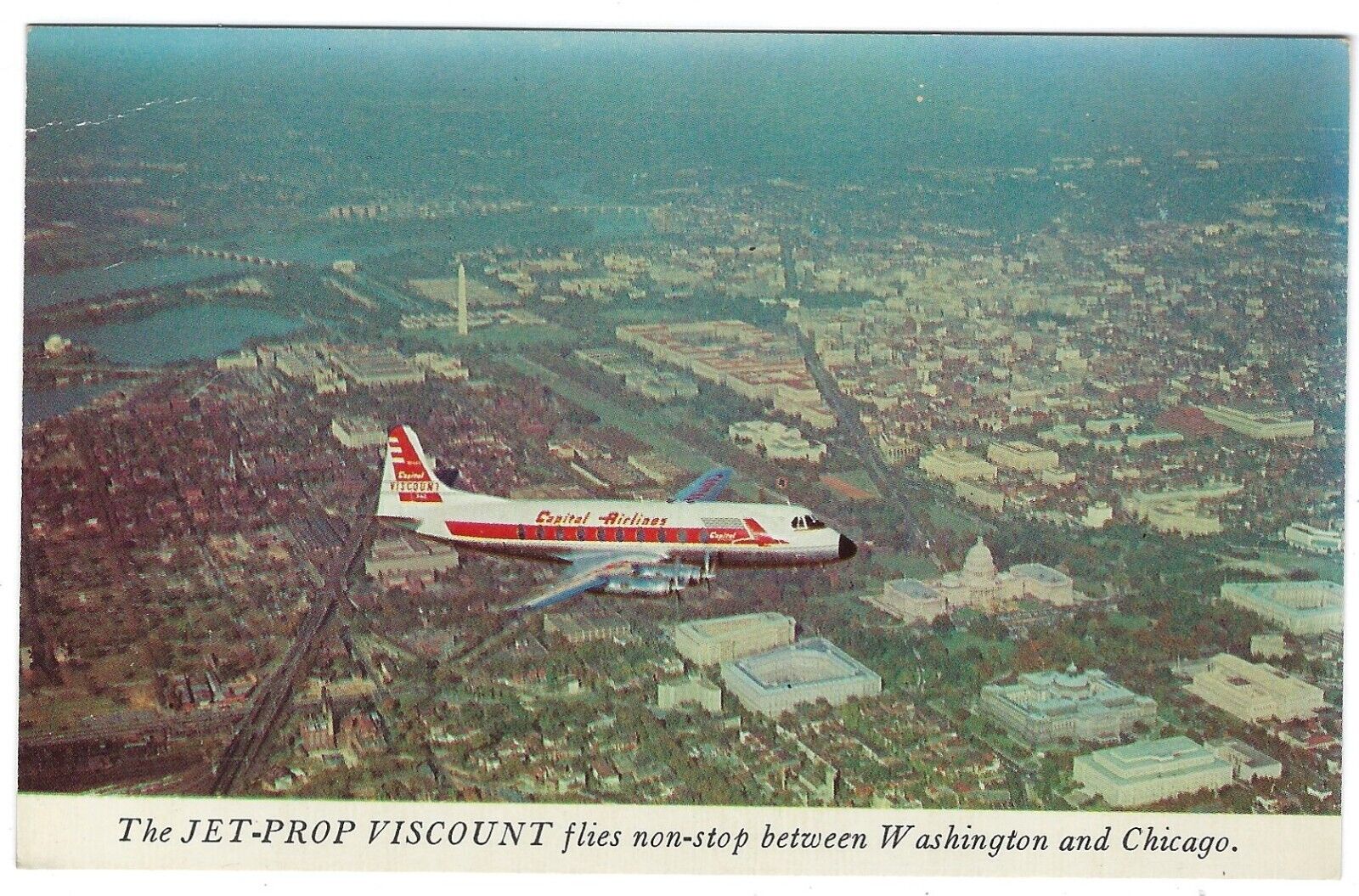 Capital Airlines Jet Prop Viscount Plane, Washington DC - 1950s Chrome Postcard