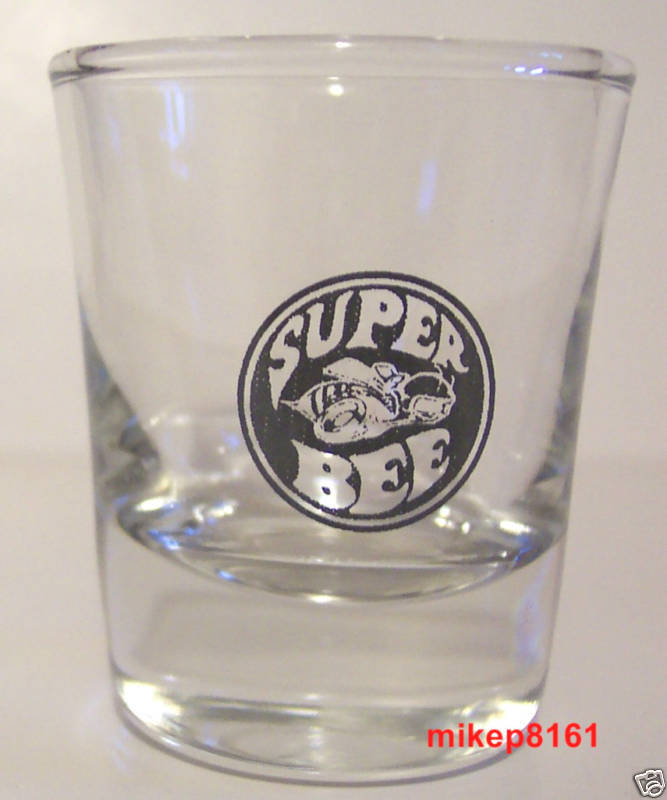 DODGE SUPER BEE LOGO ON A CLEAR SHOT GLASS