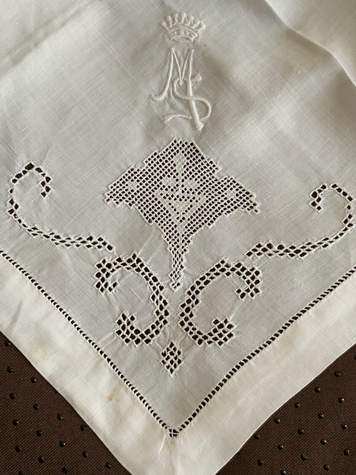 Antique French handkerchief, Hand embroidered with Count Crown & Initials MS