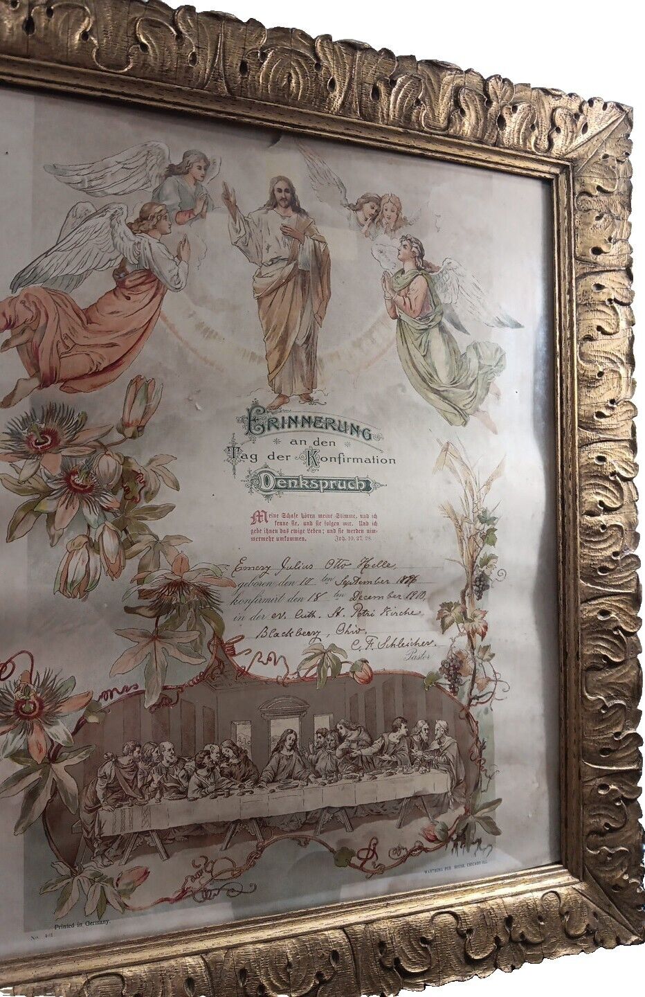 1910 Signed Antique Confirmation Certificate from Ohio Born In 1896 Large Frame 