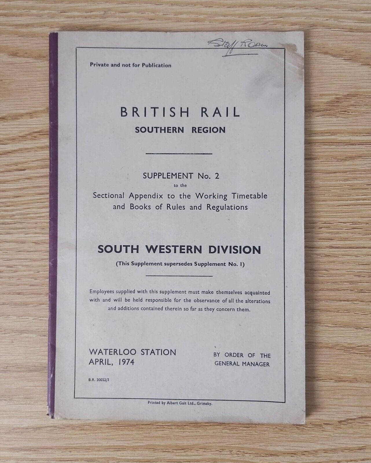 BR SR Sectional Appendix to Working Timetable Wateroo Station 1974 Supplement 2