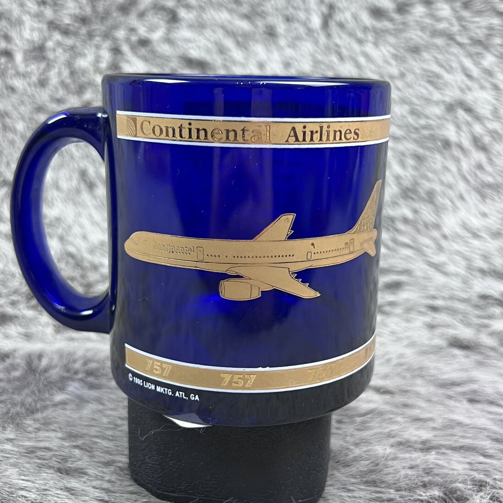 Vintage CONTINENTAL AIRLINES Coffee Mug 1995 Blue Cobalt 757 Gold Print